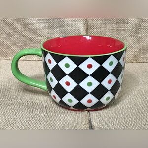 Pier 1 Harlequin Argyle Coffee Mug Cup Whimsical Christmas Holiday Retro Fun